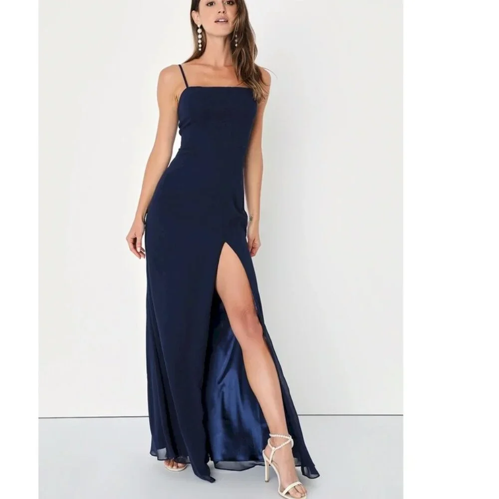 Lulus Feeling Elegant Navy Blue Lace-Up Slit Maxi Dress Size XS NWOT - Picture 3 of 9